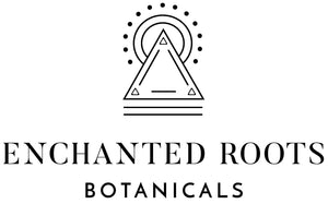 Enchanted Roots Botanicals Logo Sacred geometry, symbolizing 3 bodies (body, mind, spirit), Triangle with 2 lines below the line of the bottom triangle, 2 circles behind the apex of the top of the triangle with 13 dots representing 13 moons of the year